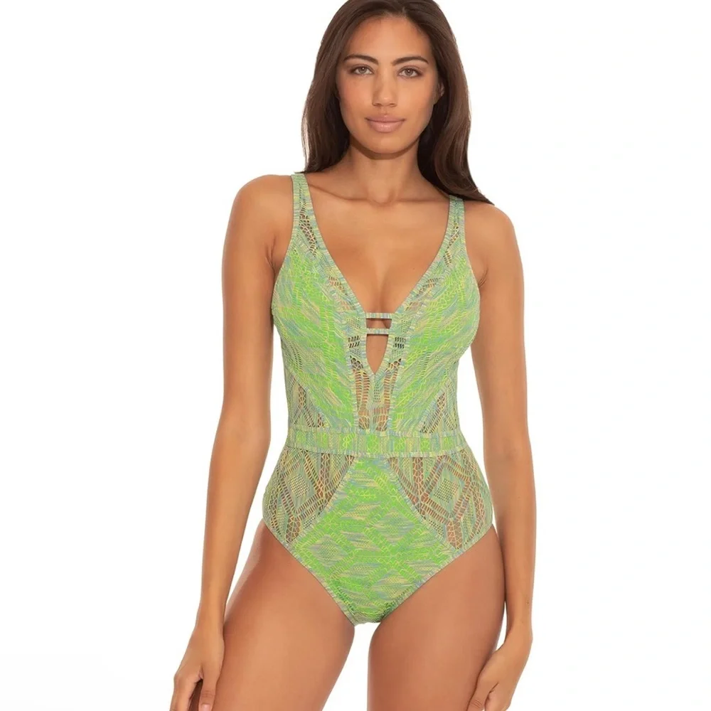 BECCA by Rebecca Virtue Mosaic Crochet Plunge One-Piece in Kiwi size Medium